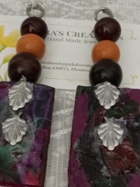 Handmade Purple & Brown Mixed-Media Dangle Earrings with Silver Leaf Accents